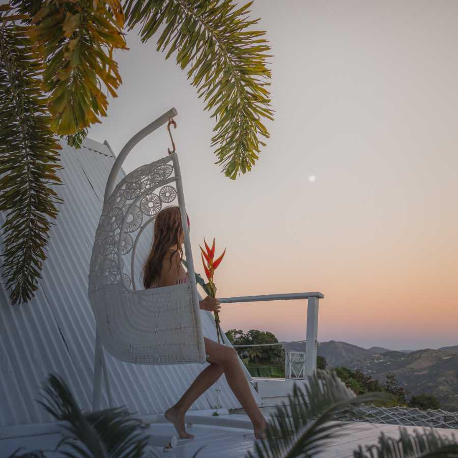 Woman sitting on white chair in front of palm tree.